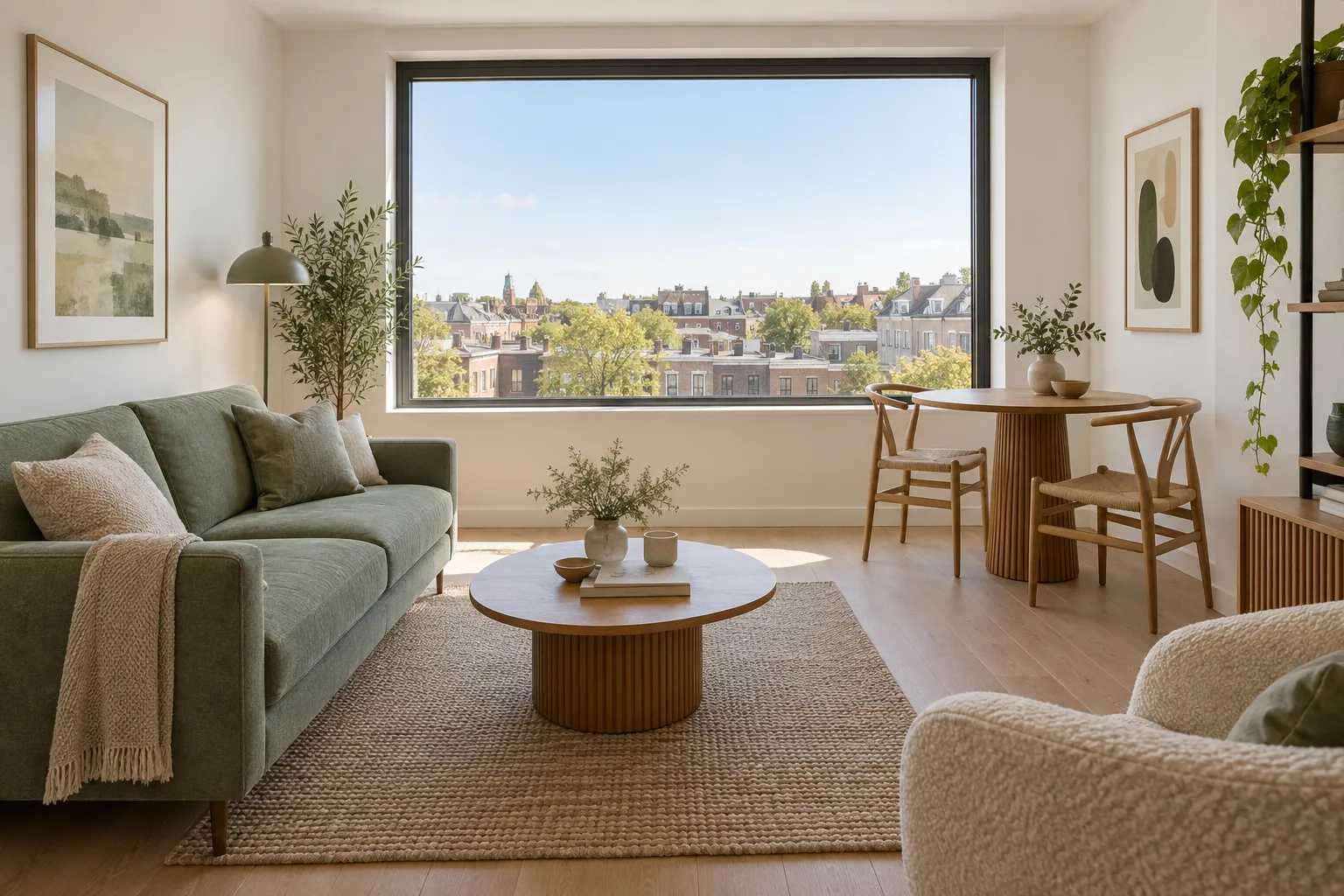 GPT-generated fictional city apartment with a sage sofa and large window