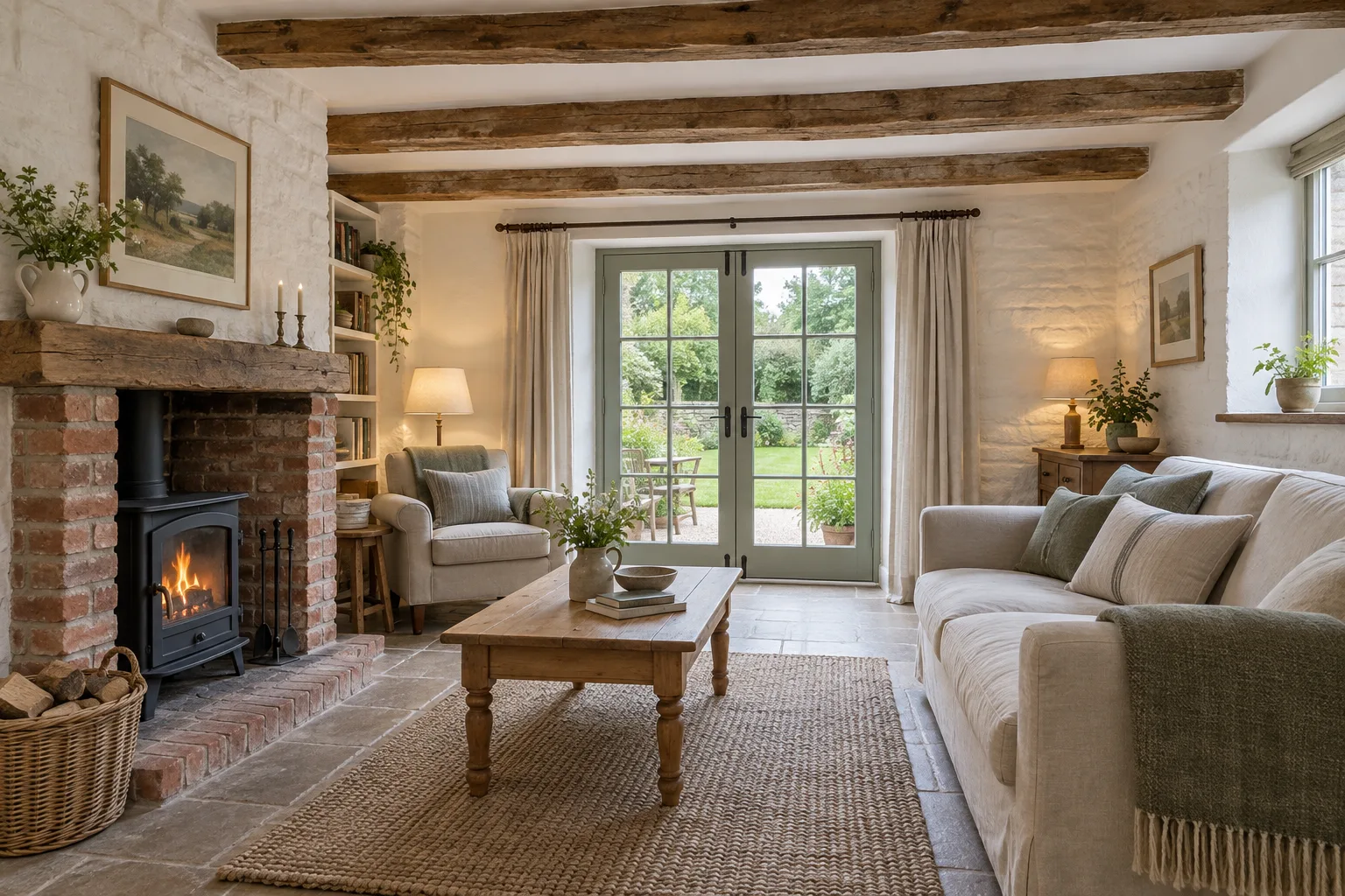 GPT-generated fictional cottage living room with timber beams and a fireplace