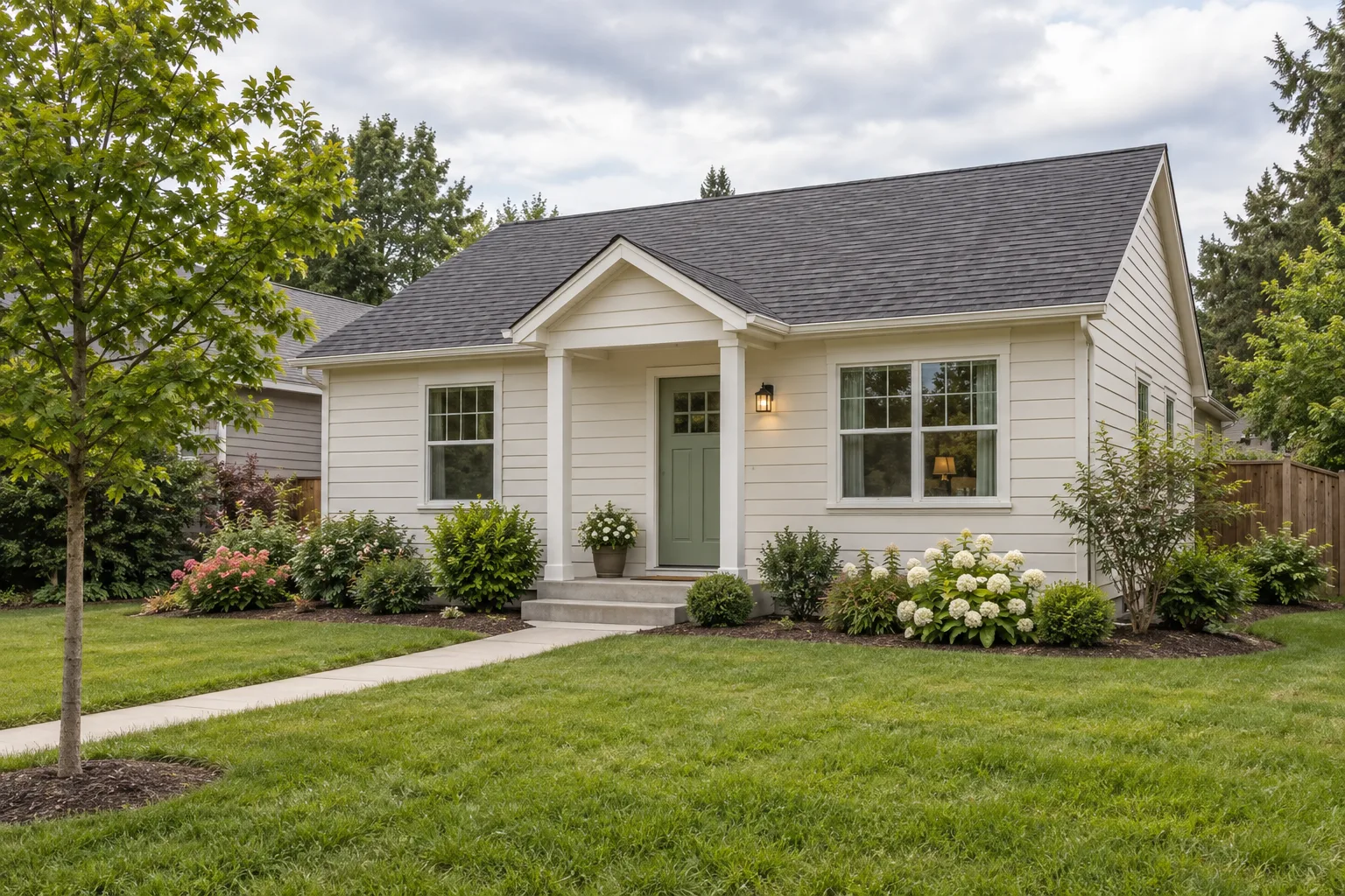 GPT-generated fictional single-story suburban house with a front lawn